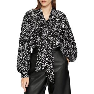 Ted Baker Gaelle Blouse-Bow Tie Collar-Black & White Leopard Print-Womens Size 2